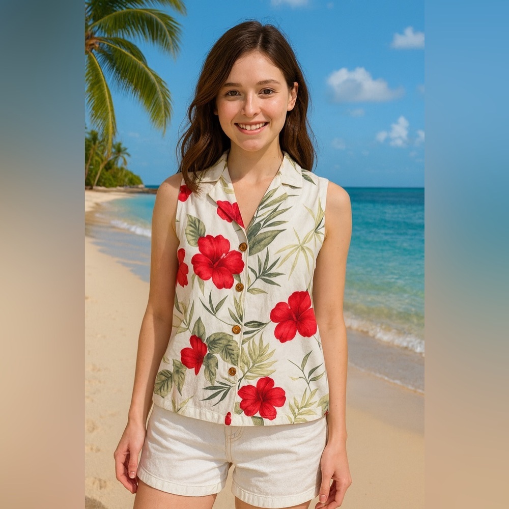 Vintage Sunset Cove Tropical Hawaiian Floral Sleeveless Blouse Size Small